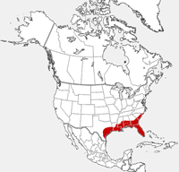distribution map showing range of Alligator mississipiensis in North America