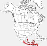 distribution map showing range of Panthera onca in North America